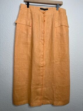 Harve Benard Vintage 100% Linen Button-Front Midi Skirt Size 14 Orange Peach